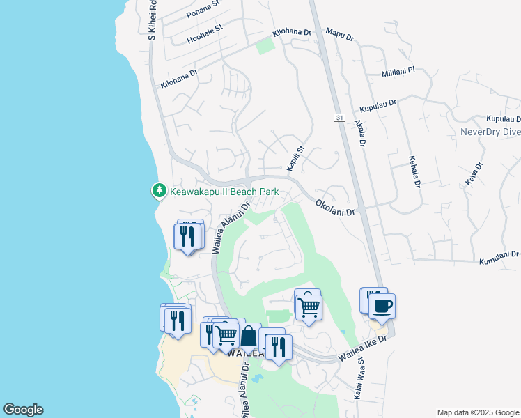 map of restaurants, bars, coffee shops, grocery stores, and more near 66 Kai Malu Drive in Kihei
