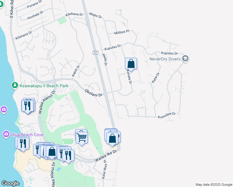 map of restaurants, bars, coffee shops, grocery stores, and more near 440 Mikioi Place in Kihei