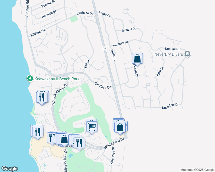 map of restaurants, bars, coffee shops, grocery stores, and more near 390 Kualono Place in Kihei
