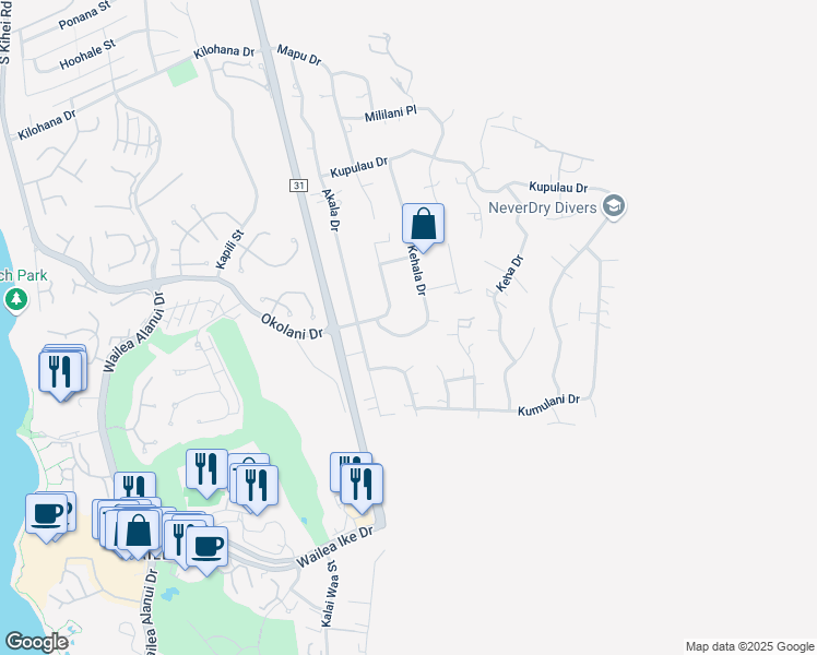 map of restaurants, bars, coffee shops, grocery stores, and more near 3456 Kehala Drive in Kihei