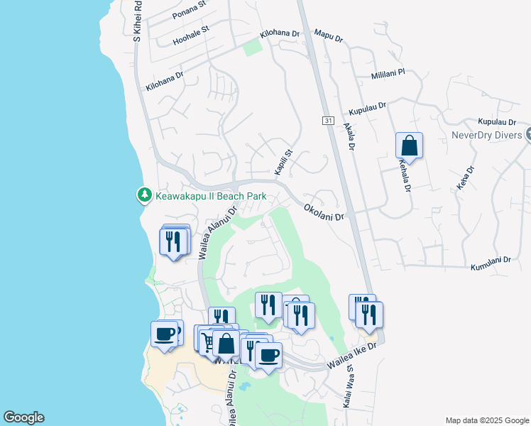 map of restaurants, bars, coffee shops, grocery stores, and more near 48 Kai Malu Drive in Kihei