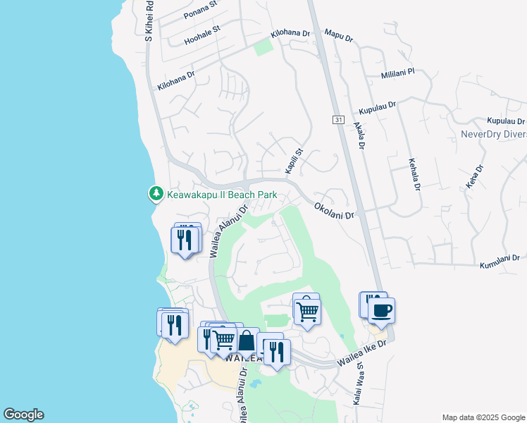 map of restaurants, bars, coffee shops, grocery stores, and more near 52 Kai Malu Drive in Kihei
