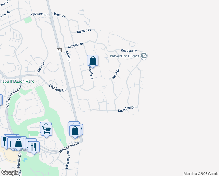 map of restaurants, bars, coffee shops, grocery stores, and more near 3414 Keha Drive in Kihei