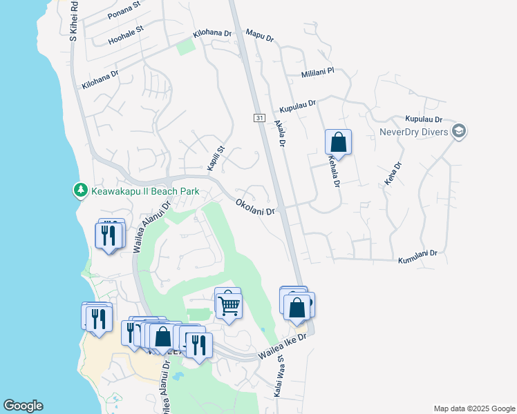 map of restaurants, bars, coffee shops, grocery stores, and more near 3390 East Lani Ikena Way in Kihei