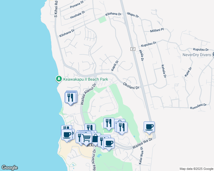 map of restaurants, bars, coffee shops, grocery stores, and more near 30 Kai Malu Drive in Kihei