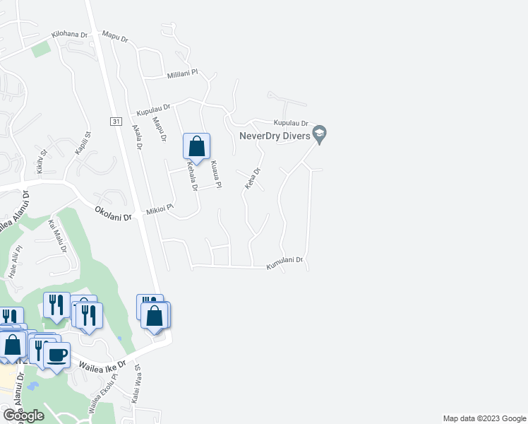 map of restaurants, bars, coffee shops, grocery stores, and more near 3408 Hookipa Place in Kihei