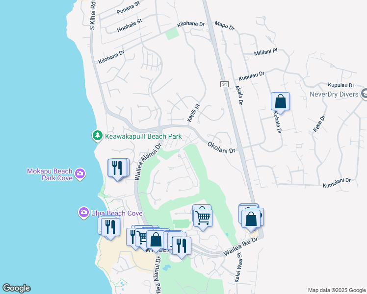 map of restaurants, bars, coffee shops, grocery stores, and more near 30 Kai Malu Drive in Kihei