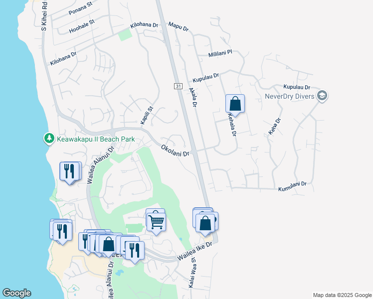 map of restaurants, bars, coffee shops, grocery stores, and more near 393 Kualono Place in Kihei