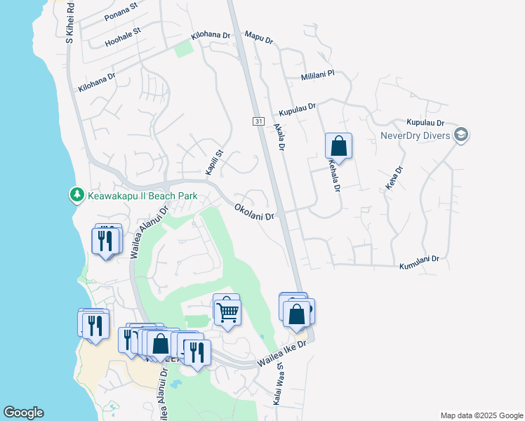 map of restaurants, bars, coffee shops, grocery stores, and more near 390 Kualono Place in Kihei