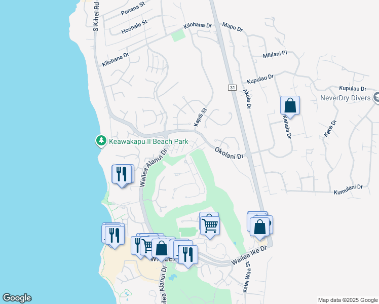 map of restaurants, bars, coffee shops, grocery stores, and more near 40 Kai Malu Drive in Kihei