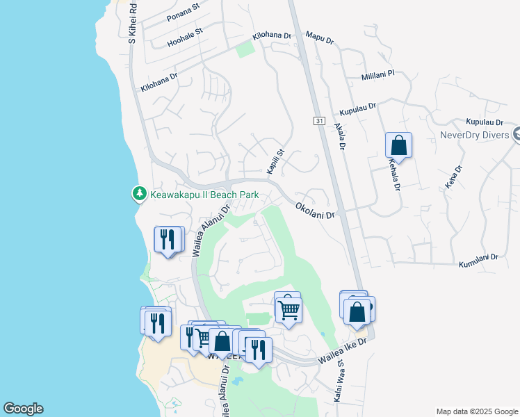 map of restaurants, bars, coffee shops, grocery stores, and more near 30 Kai Malu Drive in Kihei