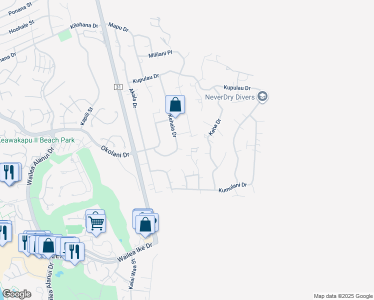map of restaurants, bars, coffee shops, grocery stores, and more near 3450 Malina Place in Kihei
