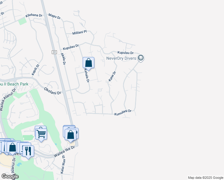 map of restaurants, bars, coffee shops, grocery stores, and more near 3405 Keha Drive in Kihei