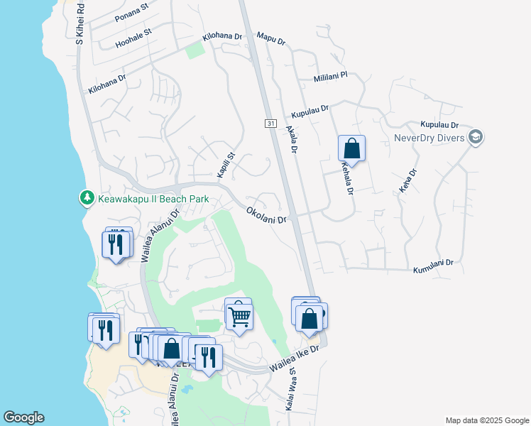 map of restaurants, bars, coffee shops, grocery stores, and more near 3386 East Lani Ikena Way in Kihei