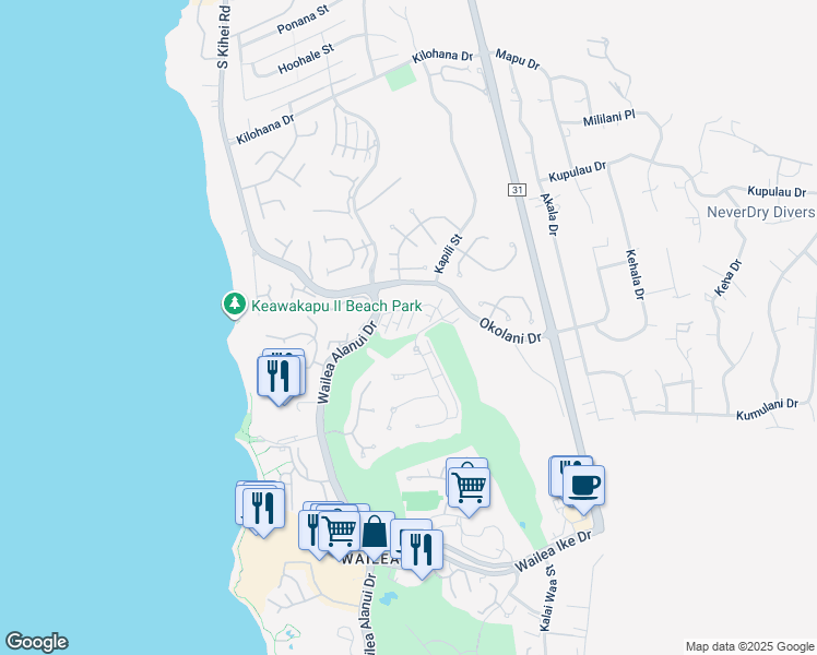 map of restaurants, bars, coffee shops, grocery stores, and more near 40 Kai Malu Drive in Kihei
