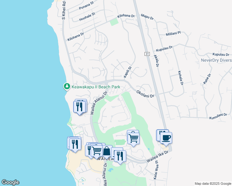 map of restaurants, bars, coffee shops, grocery stores, and more near 40 Kai Malu Drive in Kihei