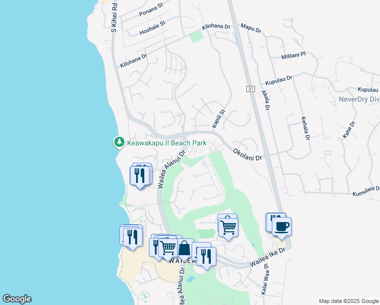 map of restaurants, bars, coffee shops, grocery stores, and more near 78 Kai Malu Drive in Kihei