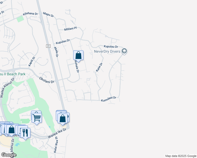map of restaurants, bars, coffee shops, grocery stores, and more near 3405 Keha Drive in Kihei