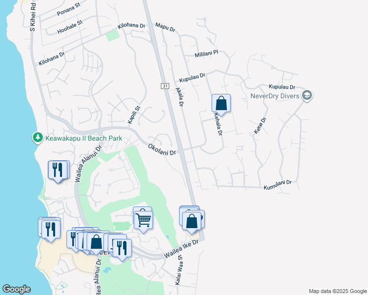map of restaurants, bars, coffee shops, grocery stores, and more near 3414 Akala Drive in Kihei