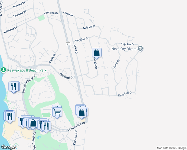 map of restaurants, bars, coffee shops, grocery stores, and more near 3456 Kehala Drive in Kihei