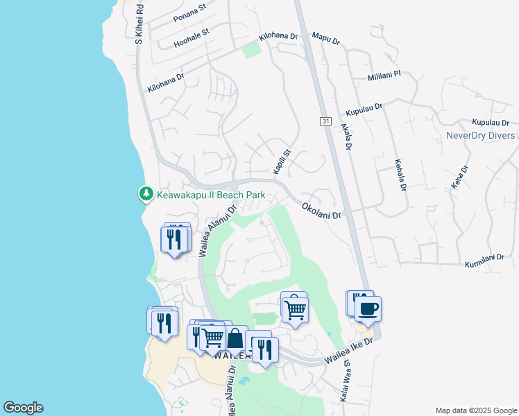 map of restaurants, bars, coffee shops, grocery stores, and more near 40 Kai Malu Drive in Kihei