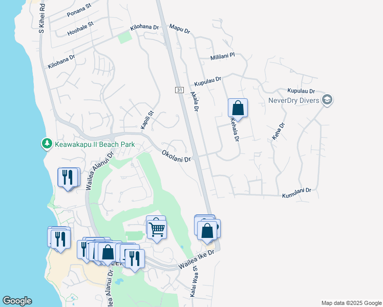 map of restaurants, bars, coffee shops, grocery stores, and more near 385 Kualono Place in Kihei