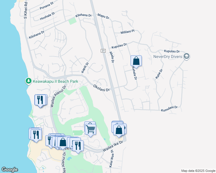 map of restaurants, bars, coffee shops, grocery stores, and more near 393 Kualono Place in Kihei