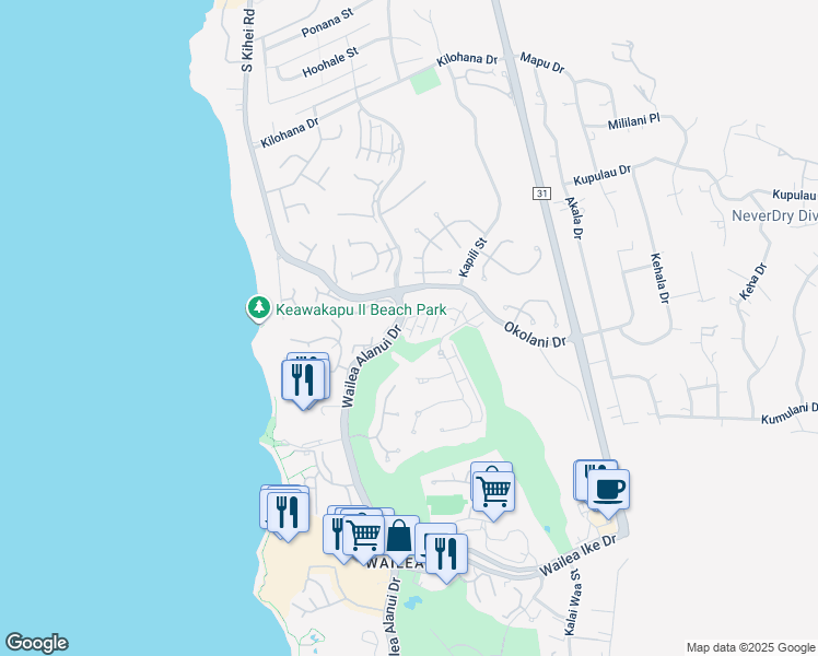 map of restaurants, bars, coffee shops, grocery stores, and more near 78 Kai Malu Drive in Kihei