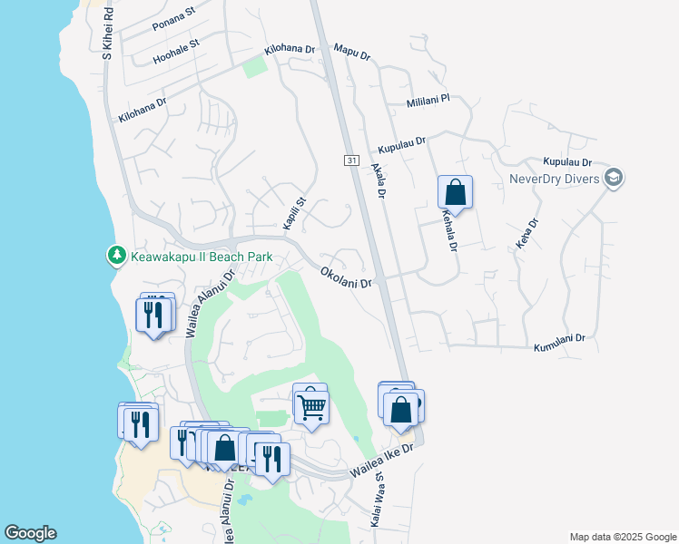map of restaurants, bars, coffee shops, grocery stores, and more near 3378 East Lani Ikena Way in Kihei