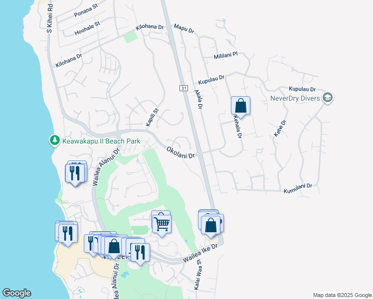 map of restaurants, bars, coffee shops, grocery stores, and more near 384 Kualono Place in Kihei