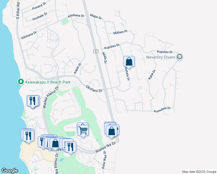 map of restaurants, bars, coffee shops, grocery stores, and more near 3414 Akala Drive in Kihei