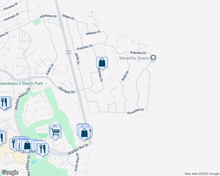 map of restaurants, bars, coffee shops, grocery stores, and more near 3450 Malina Place in Kihei