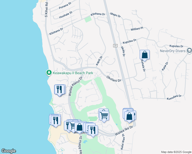 map of restaurants, bars, coffee shops, grocery stores, and more near 24 Kai Malu Drive in Kihei