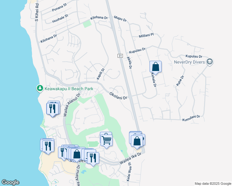 map of restaurants, bars, coffee shops, grocery stores, and more near 3376 East Lani Ikena Way in Kihei