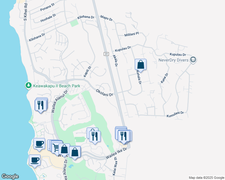 map of restaurants, bars, coffee shops, grocery stores, and more near 385 Kualono Place in Kihei