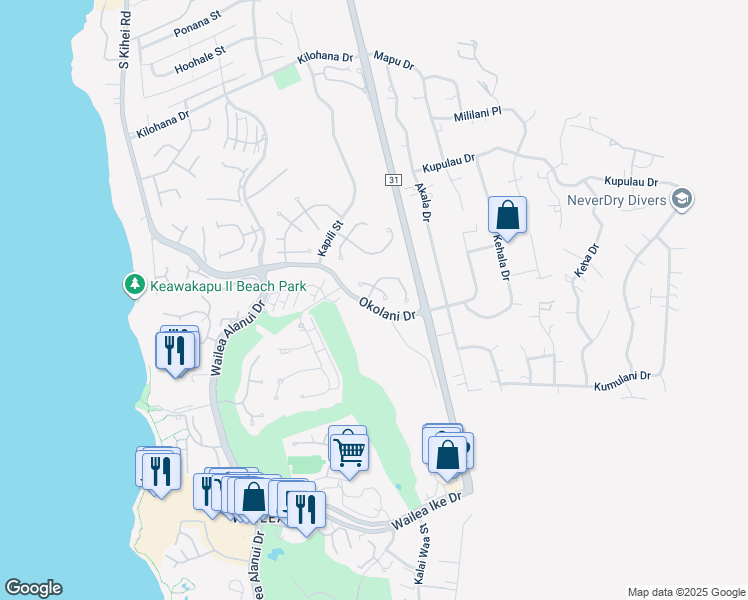 map of restaurants, bars, coffee shops, grocery stores, and more near 3378 East Lani Ikena Way in Kihei