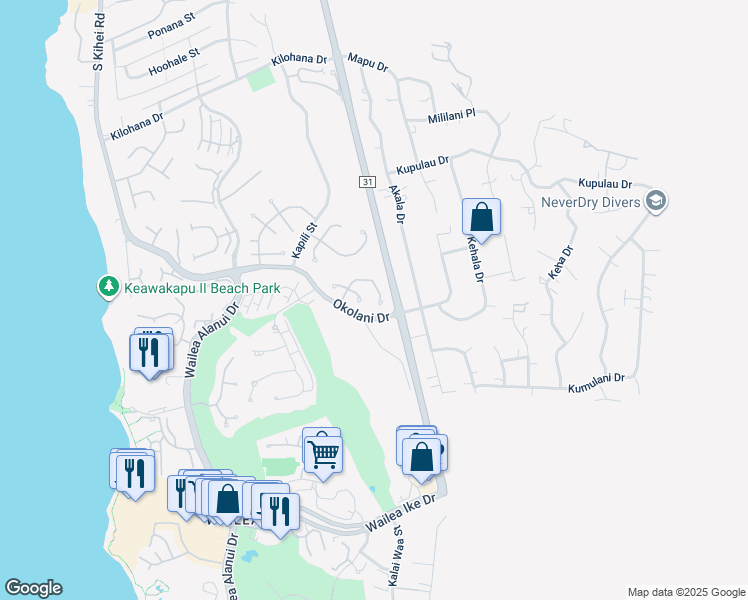 map of restaurants, bars, coffee shops, grocery stores, and more near 384 Kualono Place in Kihei