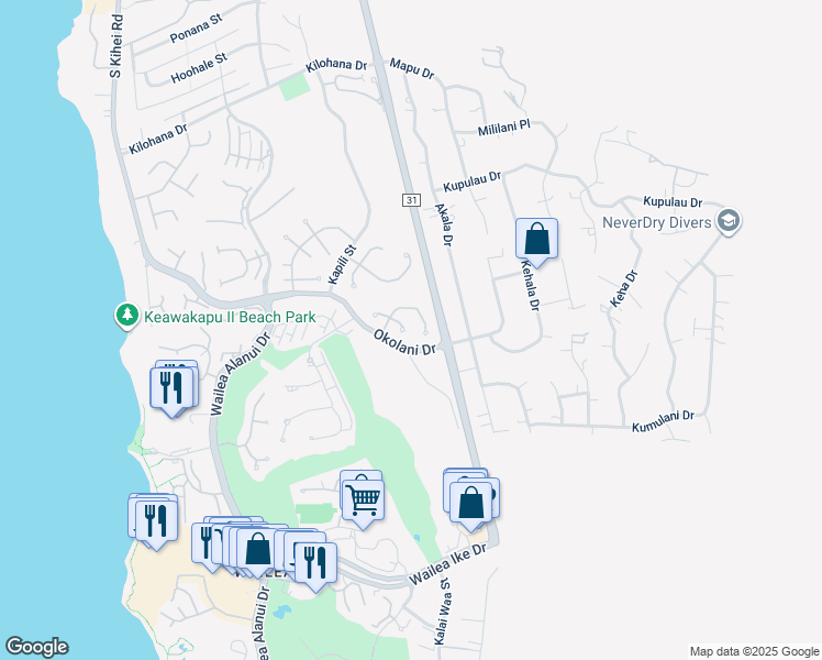 map of restaurants, bars, coffee shops, grocery stores, and more near 3381 East Lani Ikena Way in Kihei