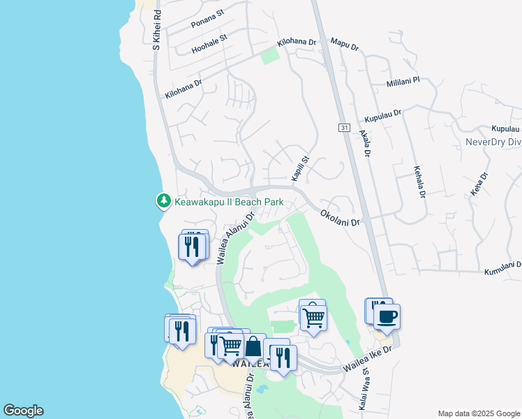 map of restaurants, bars, coffee shops, grocery stores, and more near 72 Kai Malu Drive in Kihei