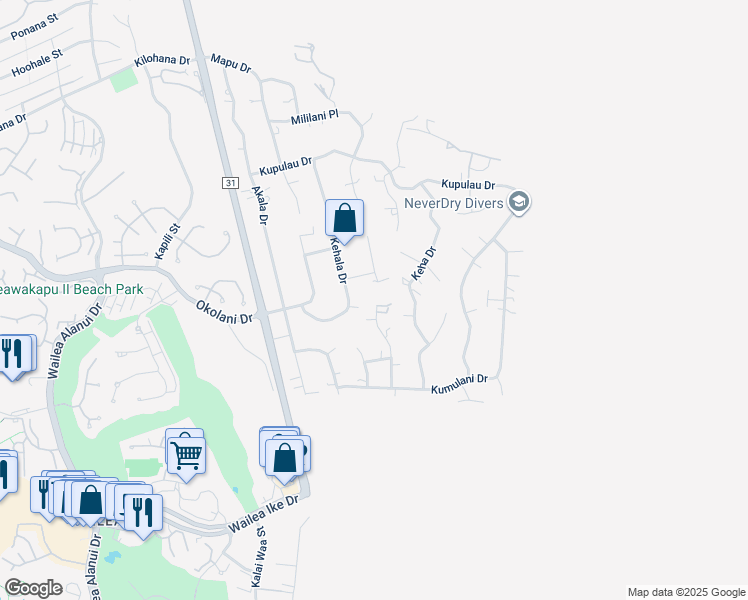 map of restaurants, bars, coffee shops, grocery stores, and more near 3442 Malina Place in Kihei