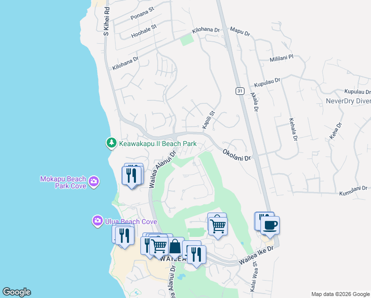 map of restaurants, bars, coffee shops, grocery stores, and more near 160 Kai Malu Drive in Wailea-Makena