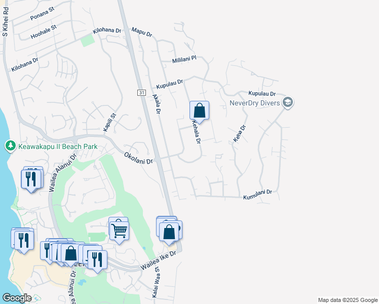 map of restaurants, bars, coffee shops, grocery stores, and more near 474 Mikioi Place in Kihei