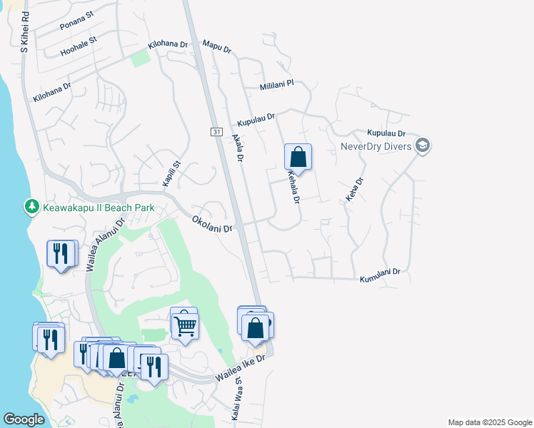 map of restaurants, bars, coffee shops, grocery stores, and more near 463 Mikioi Place in Kihei