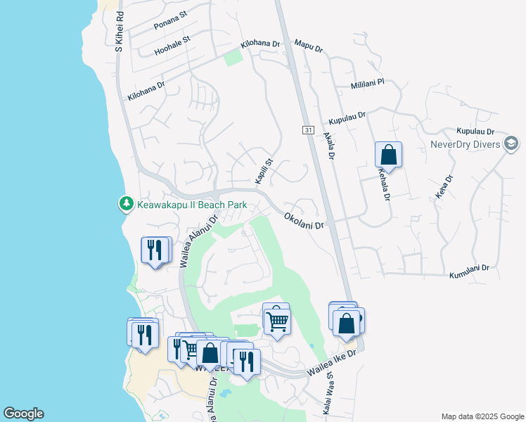 map of restaurants, bars, coffee shops, grocery stores, and more near 14 Kai Malu Drive in Kihei