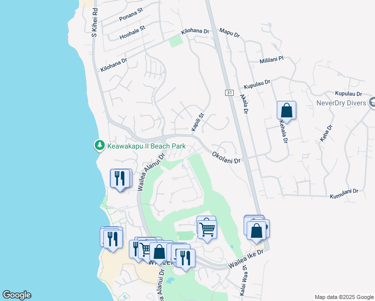 map of restaurants, bars, coffee shops, grocery stores, and more near 24 Kai Malu Drive in Kihei
