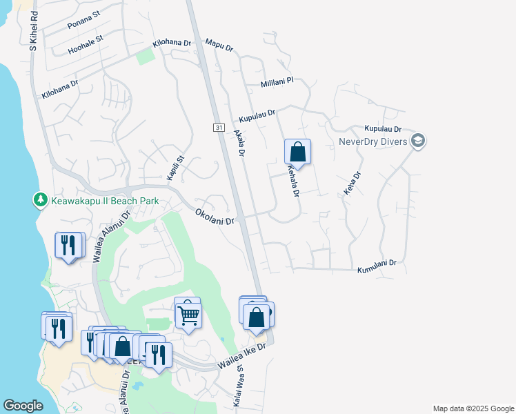 map of restaurants, bars, coffee shops, grocery stores, and more near 3403 Akala Drive in Kihei