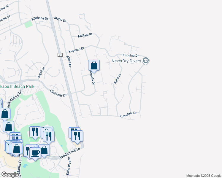 map of restaurants, bars, coffee shops, grocery stores, and more near 3388 Keha Drive in Kihei