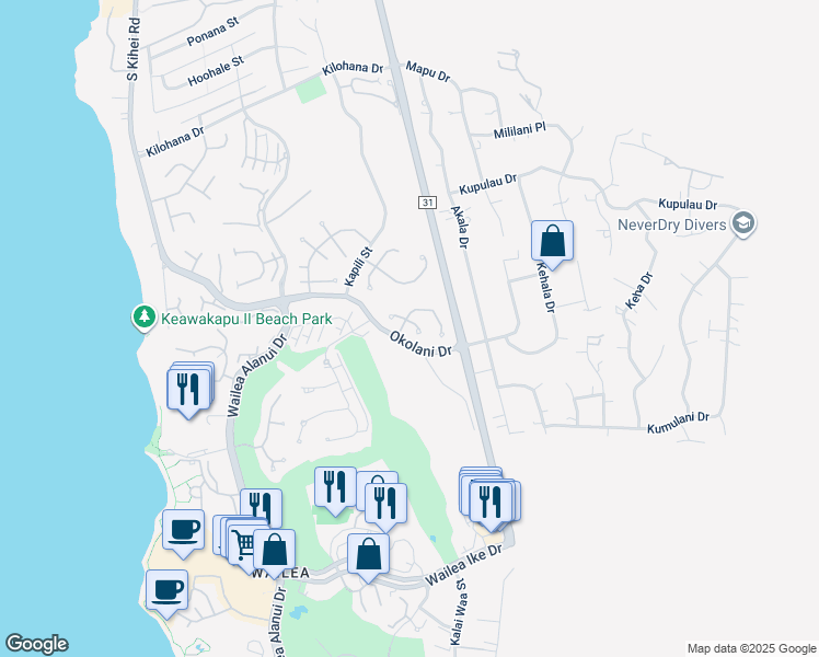 map of restaurants, bars, coffee shops, grocery stores, and more near 3376 East Lani Ikena Way in Kihei