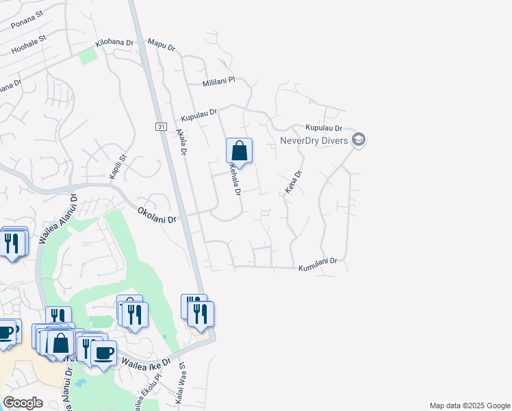 map of restaurants, bars, coffee shops, grocery stores, and more near 3442 Malina Place in Kihei