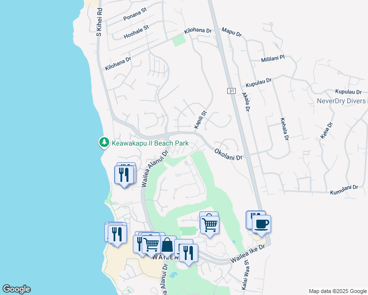 map of restaurants, bars, coffee shops, grocery stores, and more near 24 Kai Malu Drive in Kihei